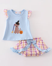 Load image into Gallery viewer, Blue halloween witch dog embroidery baby girl set
