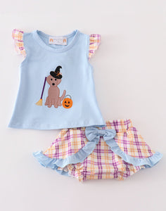 Blue halloween witch dog embroidery baby girl set