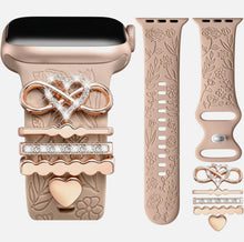 Load image into Gallery viewer, Flower Engraved Silicone Band Compatible with Apple Watch Bands for Women 40mm 38mm 41mm 42mm 44mm 45mm 46mm 49mm,Soft Band with Decorative Charms for iWatch Series 10 9 8 7 6 5 4 3 2 1 SE
