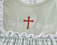 Load image into Gallery viewer, Sage easter he is risen cross embroidery girl set
