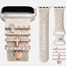 Load image into Gallery viewer, Flower Engraved Silicone Band Compatible with Apple Watch Bands for Women 40mm 38mm 41mm 42mm 44mm 45mm 46mm 49mm,Soft Band with Decorative Charms for iWatch Series 10 9 8 7 6 5 4 3 2 1 SE
