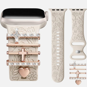 Flower Engraved Silicone Band Compatible with Apple Watch Bands for Women 40mm 38mm 41mm 42mm 44mm 45mm 46mm 49mm,Soft Band with Decorative Charms for iWatch Series 10 9 8 7 6 5 4 3 2 1 SE