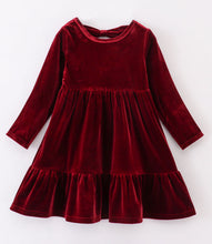 Load image into Gallery viewer, Premium Maroon velvet tiered ruffle dress
