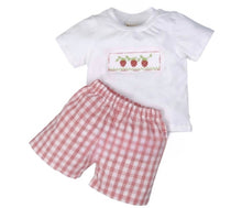 Load image into Gallery viewer, Strawberry Hand Smocked Boy 2 piece set-size chart attached with pictures
