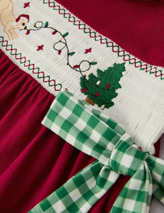 Christmas Smocking Embroidered Girls Dress with Green Plaid Bow