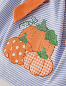 Fall Thanksgiving and Halloween Lapel Stripe Pumpkin Applique Bow Girls Dress-Ships 10/15