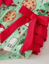Load image into Gallery viewer, Christmas Santa and Cookie Print Baby Girls Romper with Red Bow Detail
