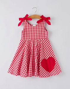 Valentine's Day Red Plaid Heart Applique Dress with Bows - Toddler Girls Outfit-Ships 11/20