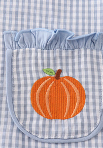 Blue gingham pumpkin embroidery girl dress