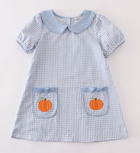 Load image into Gallery viewer, Blue gingham pumpkin embroidery girl dress
