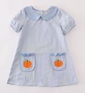 Blue gingham pumpkin embroidery girl dress