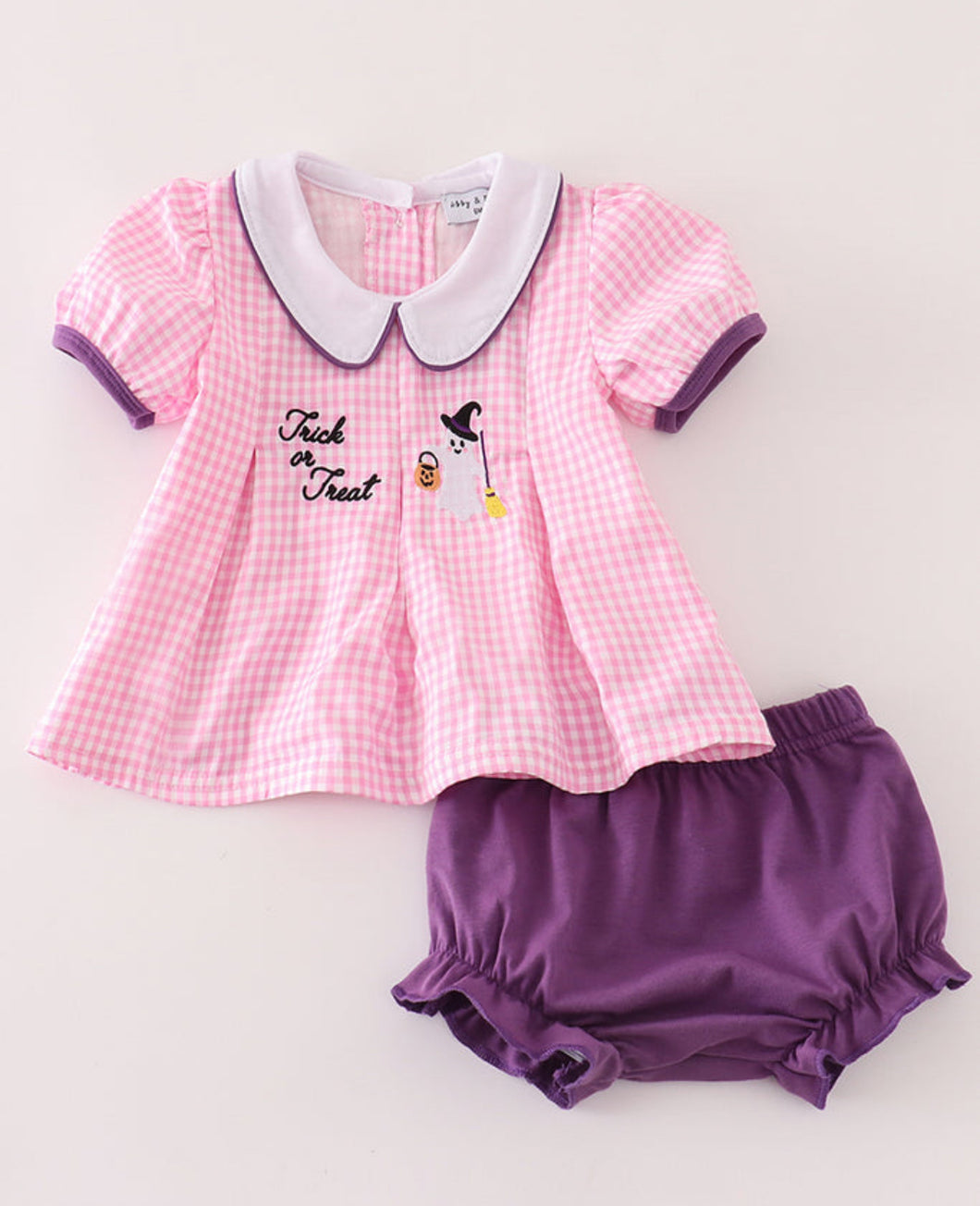 Pink plaid halloween embroidery baby set