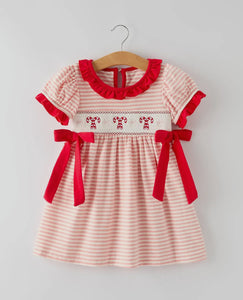 Christmas Candy Cane Smocking Embroidery Striped Girls Dress-Ships by 10/15