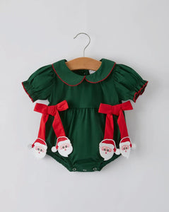 Baby Girls Holiday Outfit - Santa Bow Green Christmas Romper-Ships 11/10