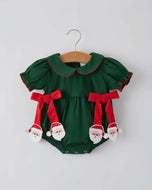 Baby Girls Holiday Outfit - Santa Bow Green Christmas Romper-Ships 11/10