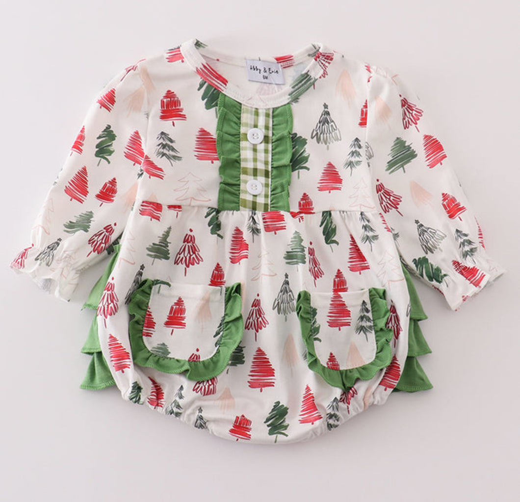 Green christmas tree print girl ruffle bubble