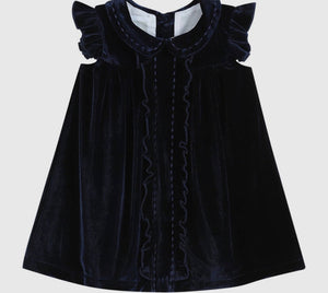 Navy Blue Velour Flutter Sleeve Dress