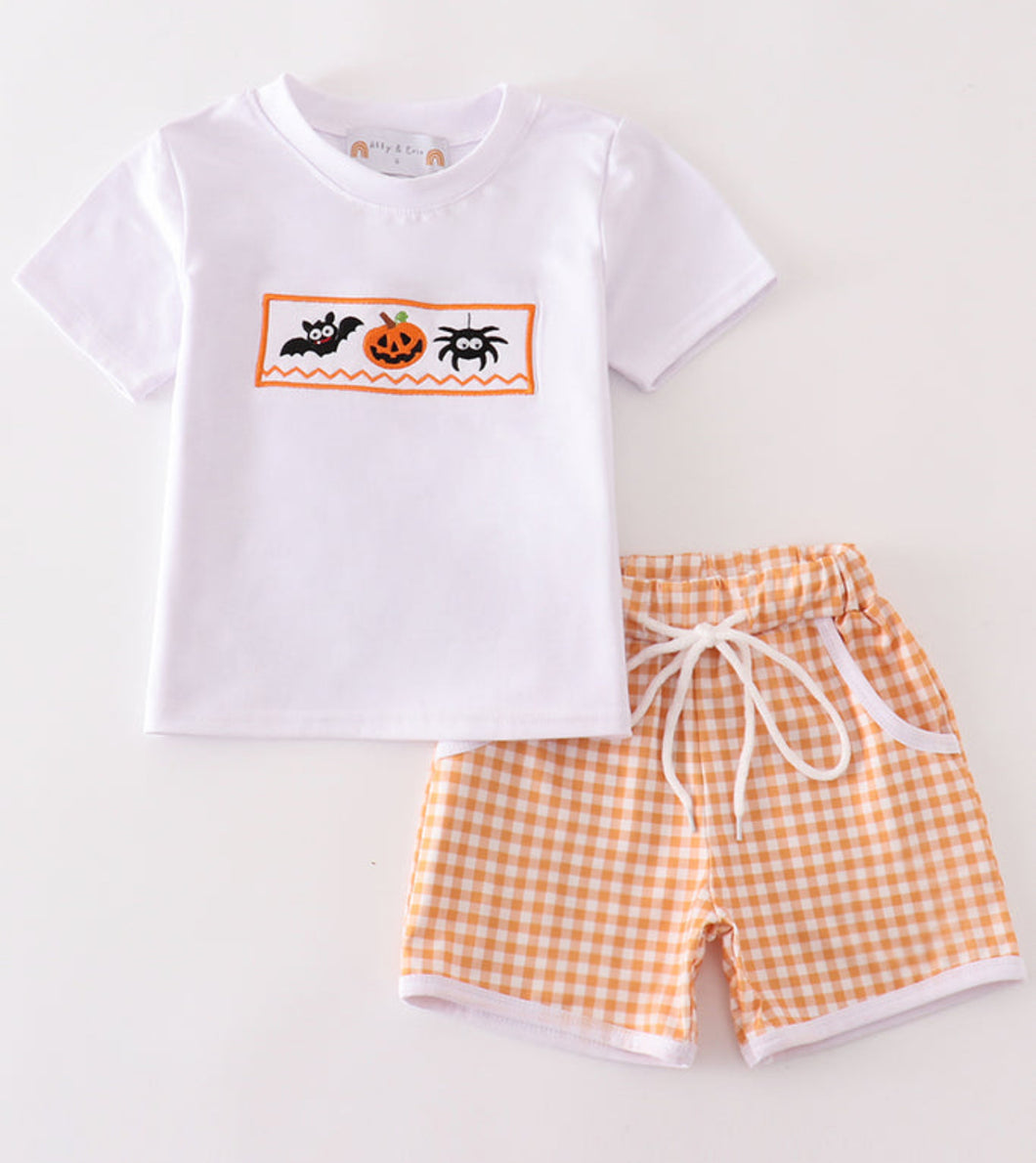 Orange halloween embroidery plaid boy set