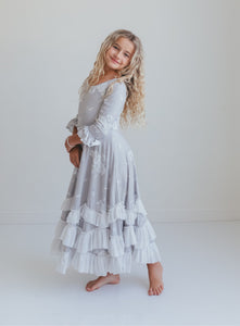 Gray Floral Ruffles Dress