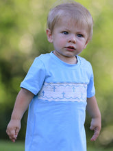 Load image into Gallery viewer, Blue Smocked Church Christ Bishop Christening Baby Boys&#39; Romper

