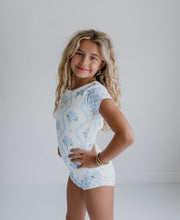 Load image into Gallery viewer, Blue Floral Coquette Shortie Leotard
