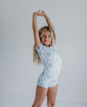 Load image into Gallery viewer, Blue Floral Coquette Shortie Leotard
