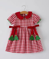 Girls Christmas Outfit - Red Plaid Dress with Tree Bow Accents-Ships 11/10