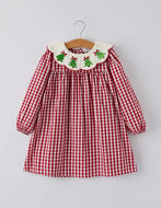 Christmas Embroidered Christmas Tree Plaid Girls Dress-Ships 10/1