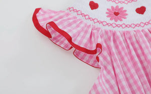 Preorder by 9/30-Pink Gingham Daisy and Hearts Smocked Romper-Ships 12/28