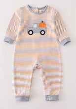 Load image into Gallery viewer, Beige stripe truck pumpkin applique boy romper
