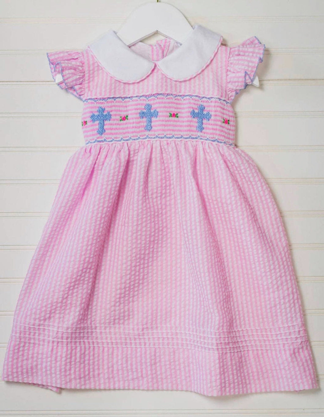 Girls Smocked Cross Seersucker Dress