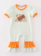 Load image into Gallery viewer, Orange wheelbarrow pumpkin applique stripe girl romper
