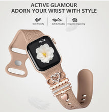 Load image into Gallery viewer, Flower Engraved Silicone Band Compatible with Apple Watch Bands for Women 40mm 38mm 41mm 42mm 44mm 45mm 46mm 49mm,Soft Band with Decorative Charms for iWatch Series 10 9 8 7 6 5 4 3 2 1 SE
