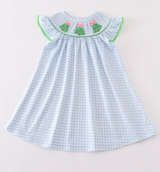 Blue christmas tree french knot smocked dress