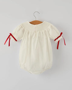 Christmas Girl's Romper: Delicate Embroidery with Red Bow Details-Ships 10/20