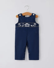 Load image into Gallery viewer, Christmas Navy Blue Nativity Smocking Embroidered Baby Boy Romper-Ships 10/15
