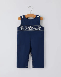 Christmas Navy Blue Nativity Smocking Embroidered Baby Boy Romper-Ships 10/15