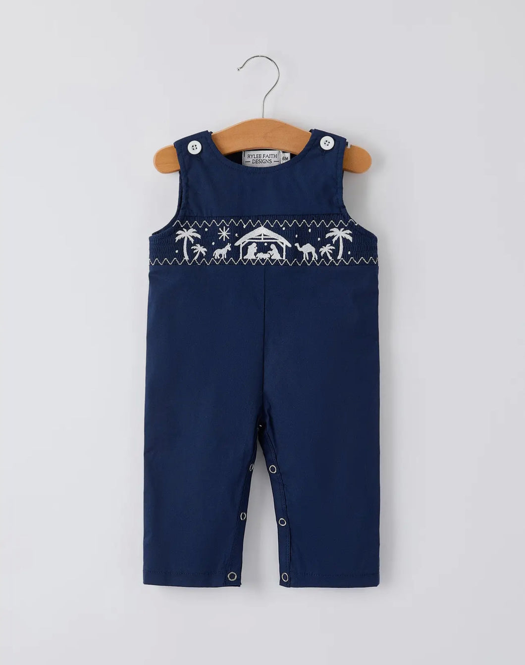 Christmas Navy Blue Nativity Smocking Embroidered Baby Boy Romper-Ships 10/15