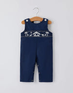 Christmas Navy Blue Nativity Smocking Embroidered Baby Boy Romper-Ships 10/15