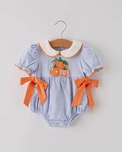 Load image into Gallery viewer, Fall Thanksgiving and Halloween Lapel Stripe Pumpkin Applique Bow Girls Romper-Ships 10/10
