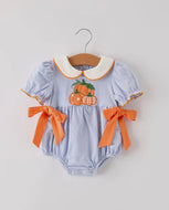 Fall Thanksgiving and Halloween Lapel Stripe Pumpkin Applique Bow Girls Romper-Ships 10/10