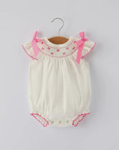 Load image into Gallery viewer, Fall White Baby Girls Romper with Pink Bow Embroidery/Ships 10/10
