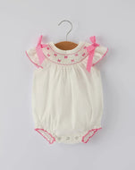 Fall White Baby Girls Romper with Pink Bow Embroidery/Ships 10/10