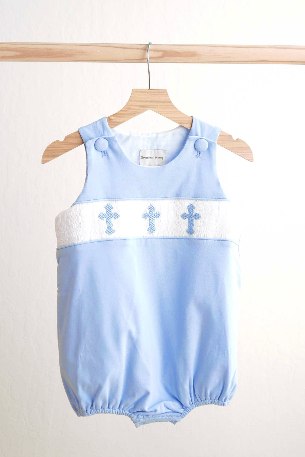 Blue easter cross hand-smocked boy bubble