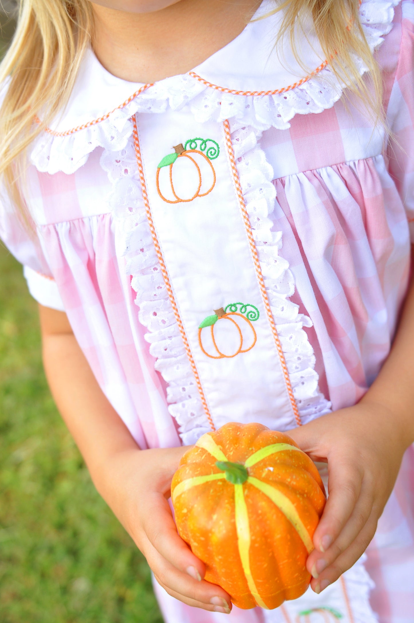 Proper Pumpkins Pink Gingham A-Line Dress with Pumpkin Embroidery