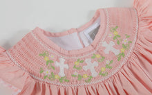 Load image into Gallery viewer, Pink Floral Crosses Smocked
Bishop Dress
