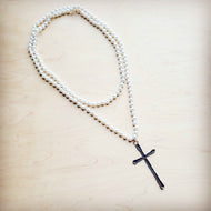 Extra Long Pearl Beaded Necklace w/ Copper Cross 260m