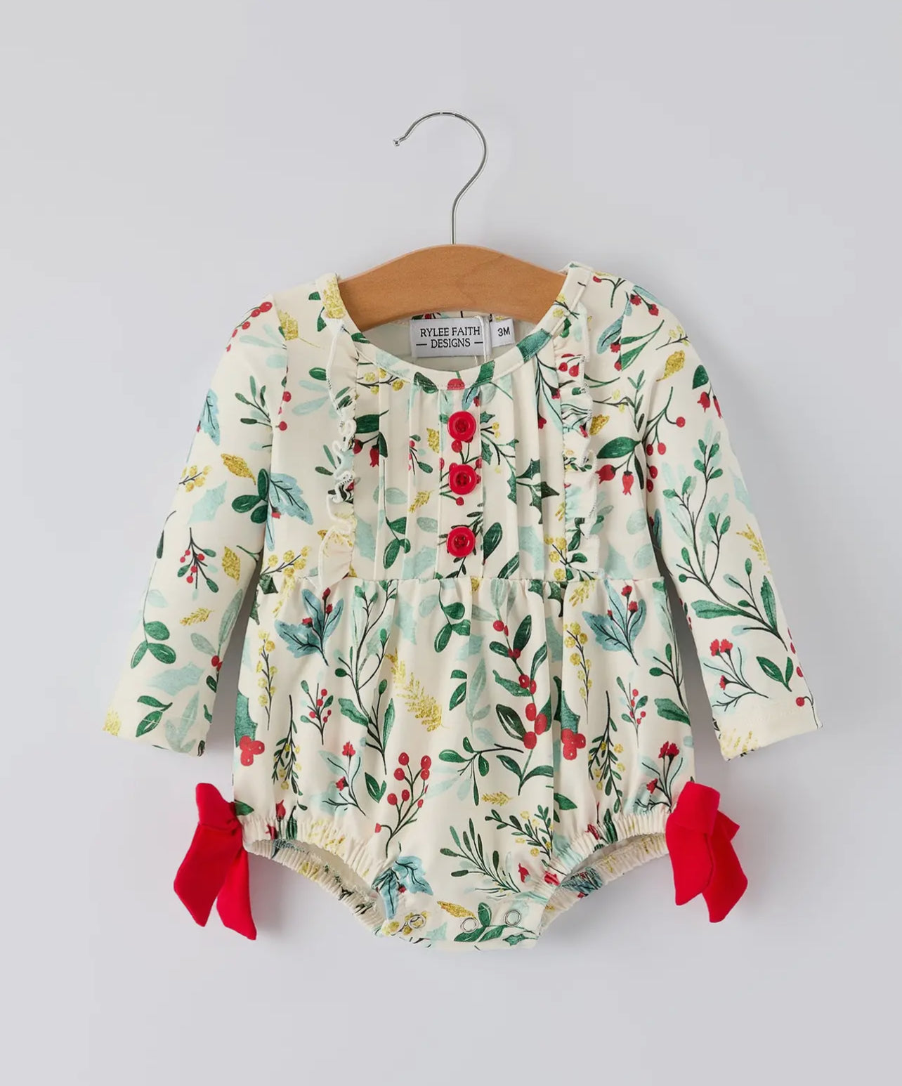 Baby Girls Christmas Romper - Holiday Bow Long Sleeve Outfit - Abbies Place