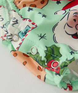 Christmas Santa and Cookie Print Baby Girls Romper with Red Bow Detail