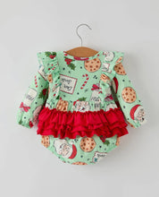 Load image into Gallery viewer, Christmas Santa and Cookie Print Baby Girls Romper with Red Bow Detail

